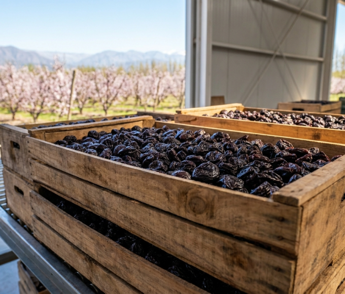 Ciruelas desecadas mendocinas en cajones de exportación con huerto de fondo