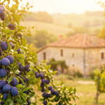 Huerto de Pruneau d'Agen en Sud-Ouest de Francia con ciruelas madurando en las ramas