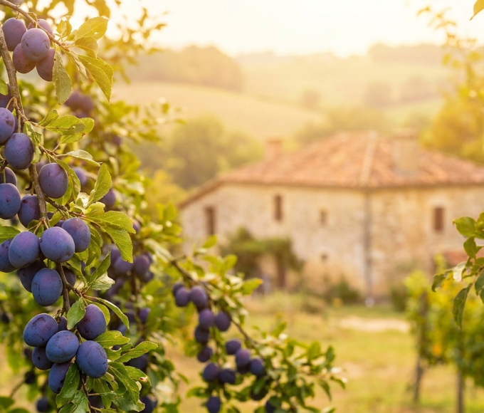 Huerto de Pruneau d'Agen en Sud-Ouest de Francia con ciruelas madurando en las ramas