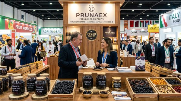Stand premium de ciruelas deshidratadas en feria internacional de alimentos con compradores y profesionales del sector agroalimentario global.